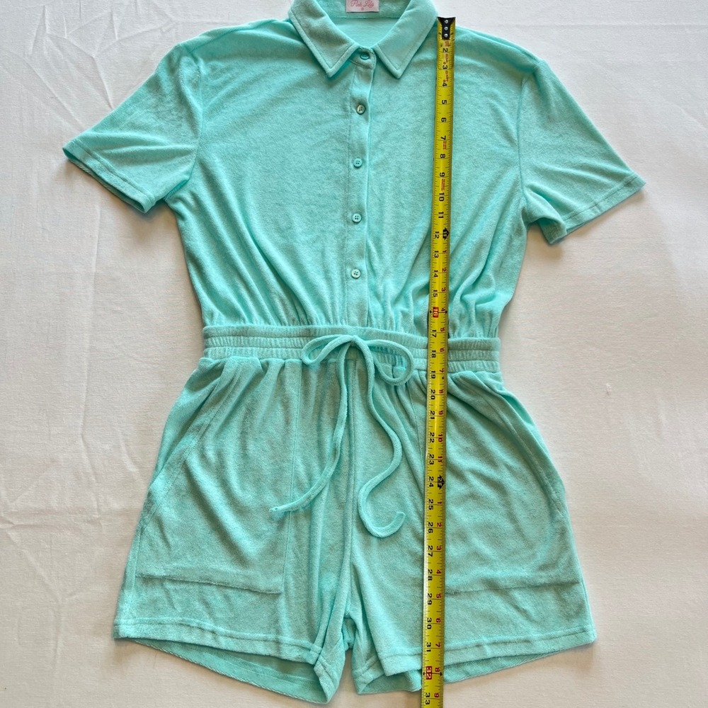 Pink Lily Mint Green Terry Cloth Button Front Romper Swim Coverup Size M - Picture 3 of 7